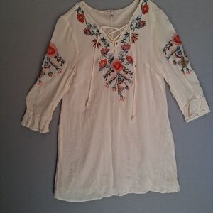 UMGEE USA Size S Cream Lace-Up Tunic with Orange Floral Embroidery 65% Cotton